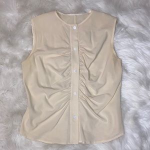 Peter Cohen Cream Ruched Sleeveless Button Down Blouse Size Small Petite